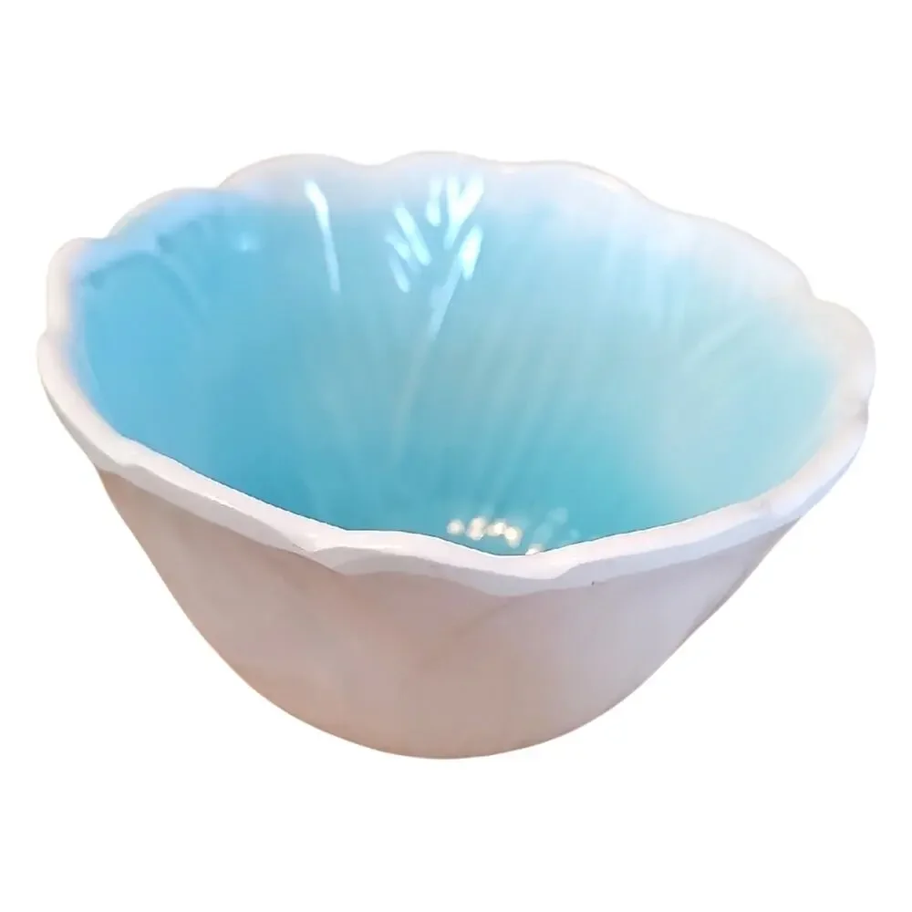 Pier 1 Imports Glossy Flower-Shaped Ceramic Bowl in Aqua and White - Snacks Dips